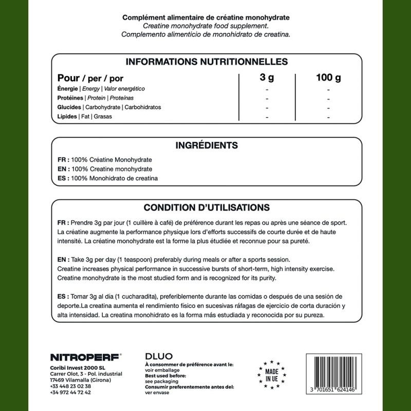 Créatine Monohydrate - NITROPERF - Ingrédients